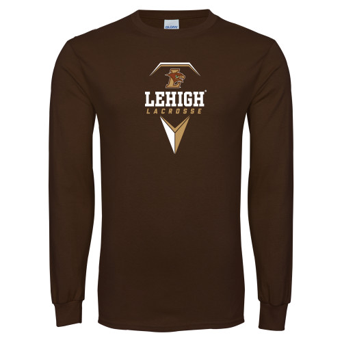  Brown Long Sleeve T Shirt - Lehigh Lacrosse Stacked w/Stick Head