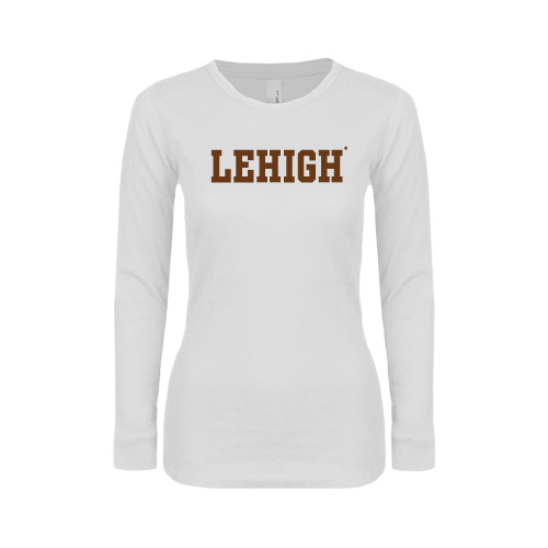  Womens White Long Sleeve V Neck Tee - Flat Lehigh