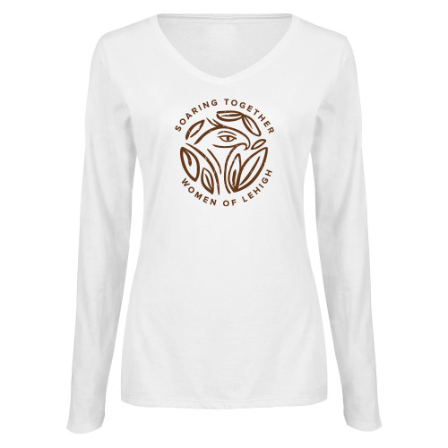  Womens White Long Sleeve V Neck Tee - Women of Lehigh Distressed