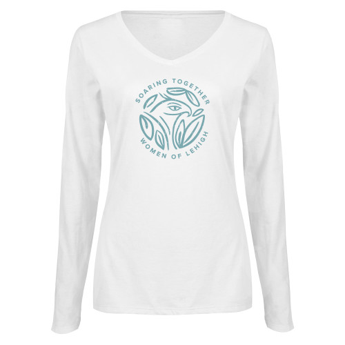  Womens White Long Sleeve V Neck Tee - Women of Lehigh Distressed