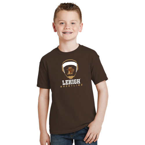  Youth Brown T Shirt - Lehigh Wrestling Stacked w/Headgear