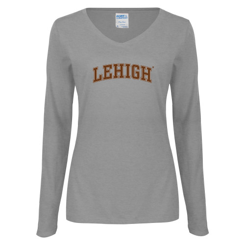  Womens Grey Long Sleeve V Neck Tee  - Arched Lehigh