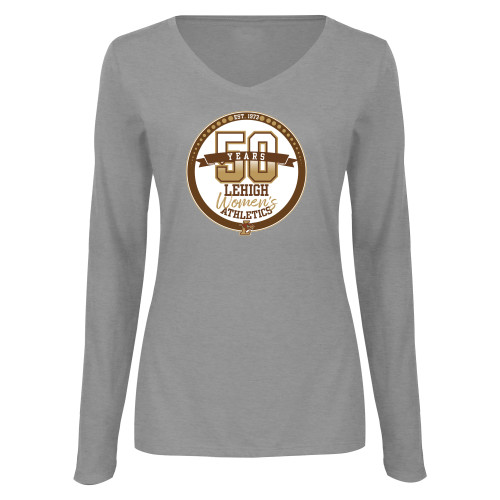  Womens Grey Long Sleeve V Neck Tee  - Lehigh Womens Athletics 50 Years