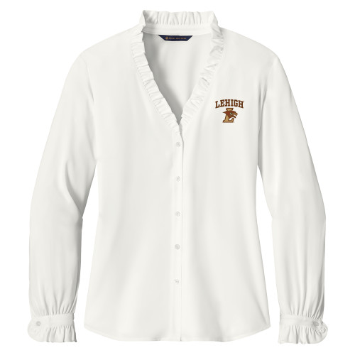  Brooks Brothers Womens Off White Long Sleeve Ruffle Collar Blouse - Official Logo