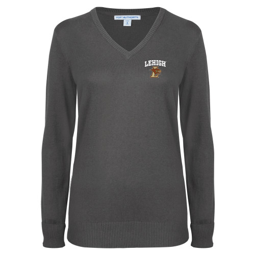  Womens Charcoal Heather VNeck Sweater  - Official Logo