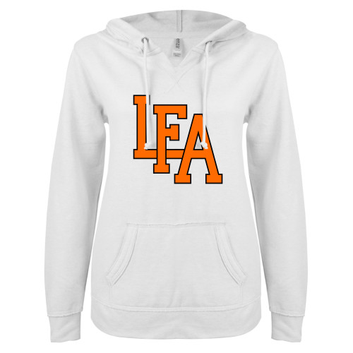  ENZA Womens White V Notch Raw Edge Fleece Hoodie - LFA Mark