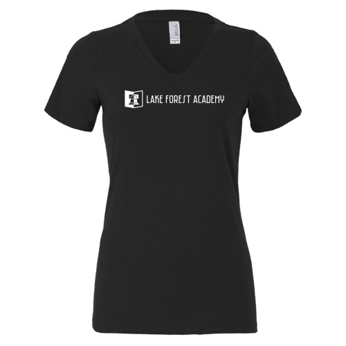  Bella + Canvas Womens Black V Neck Cotton T Shirt - LFA Book & Bell Wordmark Horizontal