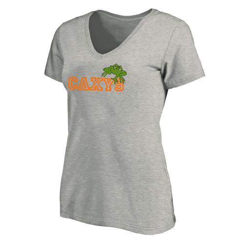 Womens Plus Heather Grey V Neck T Shirt - Caxys Wordmark with Frog 