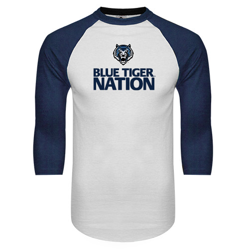  White/Navy Raglan Baseball T Shirt - Blue Tiger Nation