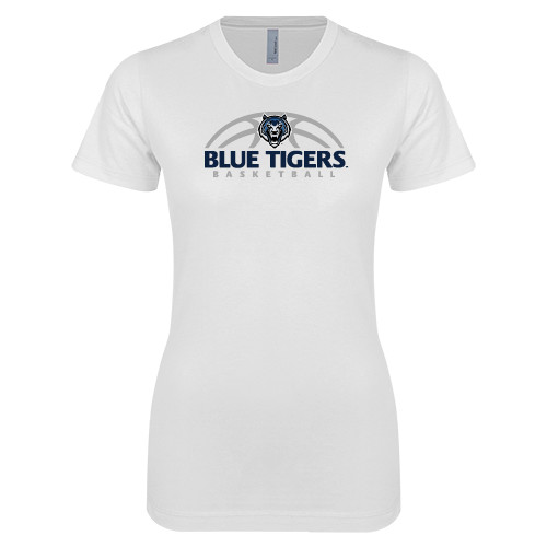  Next Level Womens White Boyfriend Tee - Blue Tigers Basketball Half Ball