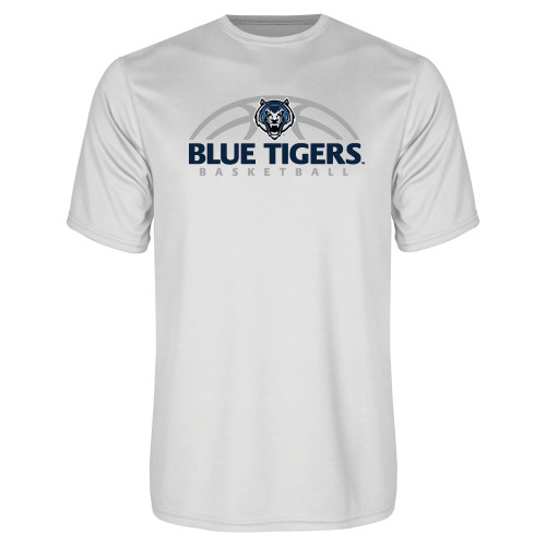 White Performance Tee - Blue Tigers Basketball Half Ball