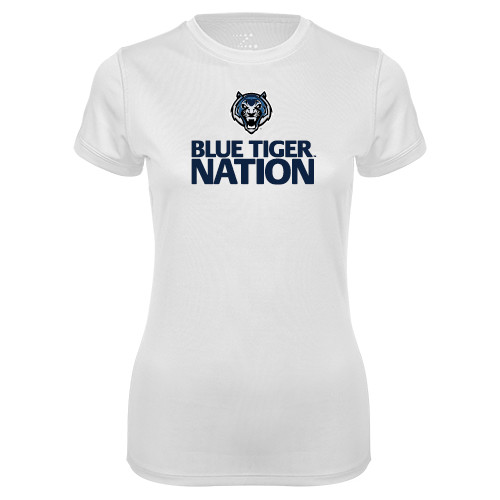 Womens White Performance Tee - Blue Tiger Nation