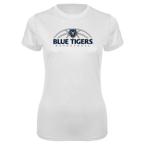  Womens White Performance Tee - Blue Tigers Basketball Half Ball