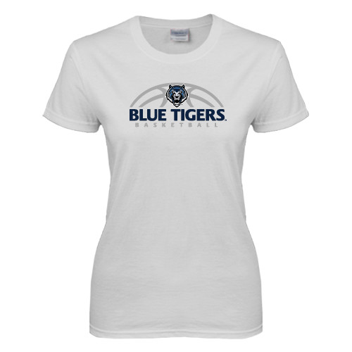  Womens White Short Sleeve Tee - Blue Tigers Basketball Half Ball