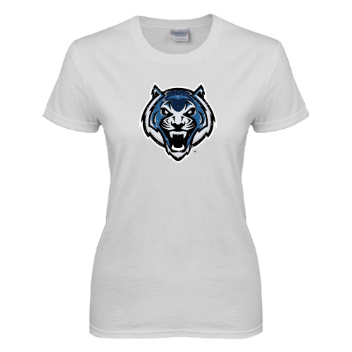  Womens White Short Sleeve Tee - Tiger Head Distressed