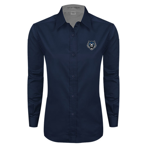  Womens Navy Twill Button Down Long Sleeve  - Tiger Head