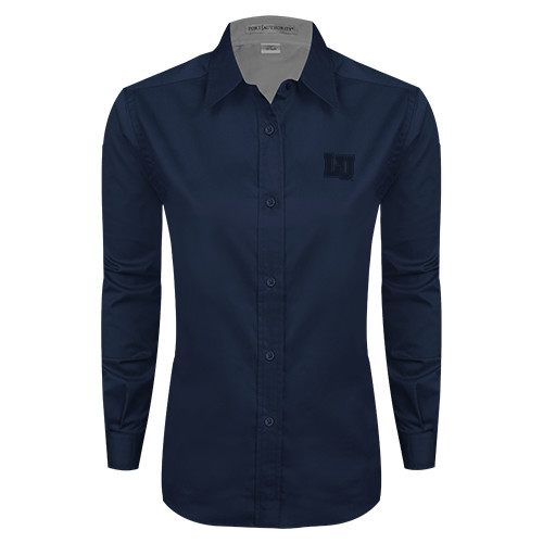  Womens Navy Twill Button Down Long Sleeve  - Interlocking LU Tone