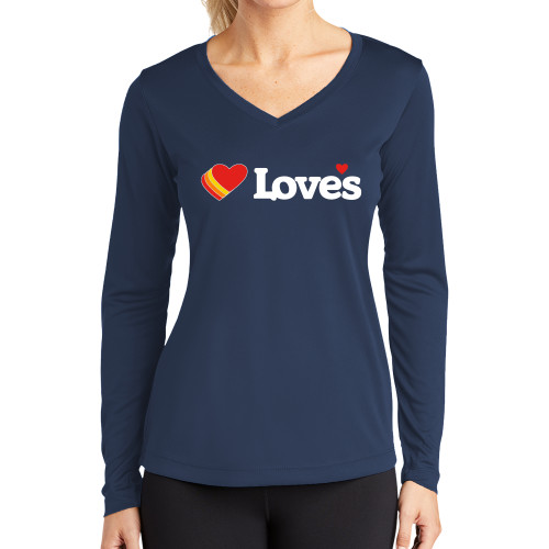  Womens Navy Performance Long Sleeve V Neck Shirt - Loves Travel Stops & Country Stores Loves Primary Mark Flat