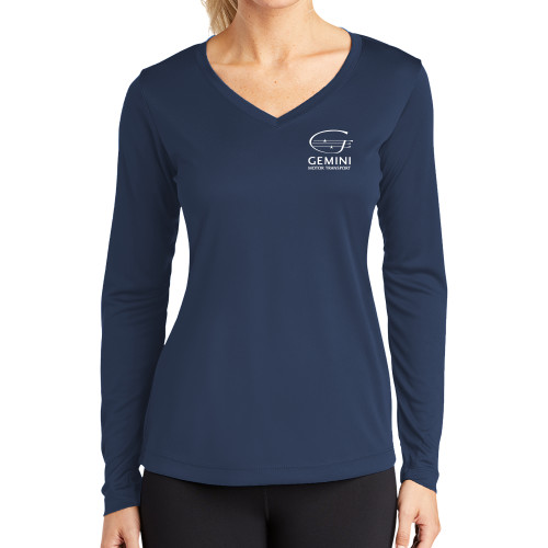  Womens Navy Performance Long Sleeve V Neck Shirt - Loves Travel Stops & Country Stores Gemini Motor Transport Stacked