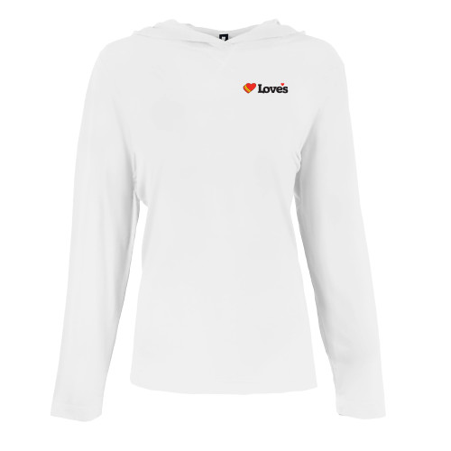 Womens White Long Sleeve Hooded Tee - Loves Travel Stops & Country Stores Loves Primary Mark Flat