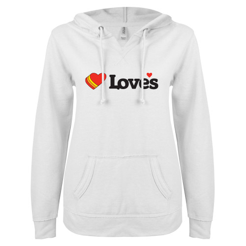  ENZA Womens White V Notch Raw Edge Fleece Hoodie - Loves Travel Stops & Country Stores Loves Primary Mark Flat