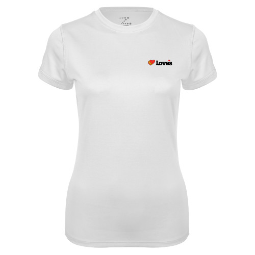  Womens White Performance Tee - Loves Travel Stops & Country Stores Loves Primary Mark Flat