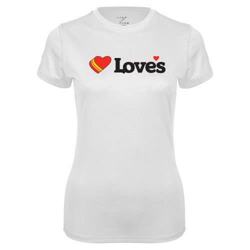  Womens White Performance Tee - Loves Travel Stops & Country Stores Loves Primary Mark Flat