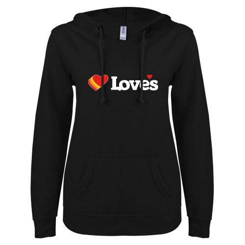  ENZA Womens Black V Notch Raw Edge Fleece Hoodie - Loves Travel Stops & Country Stores Loves Primary Mark Flat
