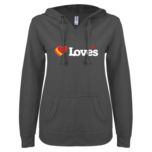  ENZA Womens Dark Heather V Notch Raw Edge Fleece Hoodie - Loves Travel Stops & Country Stores Loves Primary Mark Flat