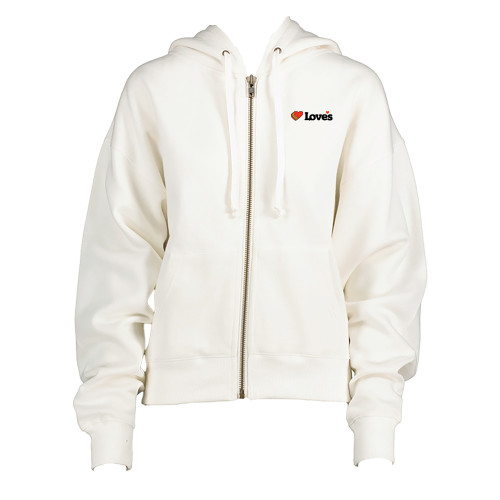  ENZA Womens White Boxy Full Zip Hood - Loves Travel Stops & Country Stores Loves Primary Mark Flat