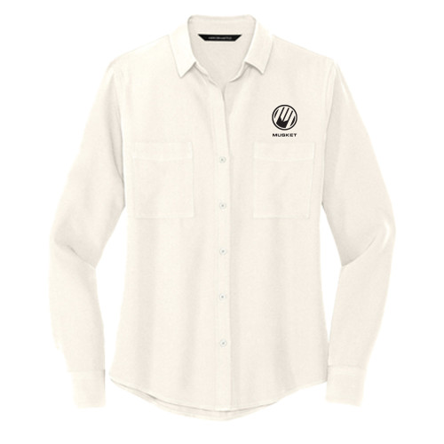  Mercer + Mettle Womens Ivory Crepe Long Sleeve Camp Blouse - Loves Travel Stops & Country Stores Musket Stacked