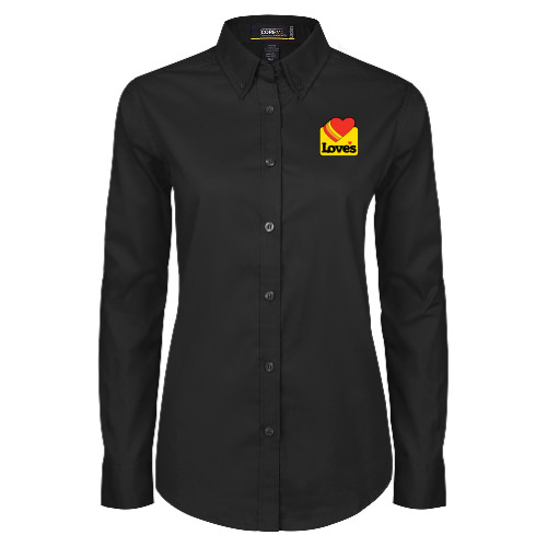  Womens Black Twill Button Down Long Sleeve  - Loves Badge