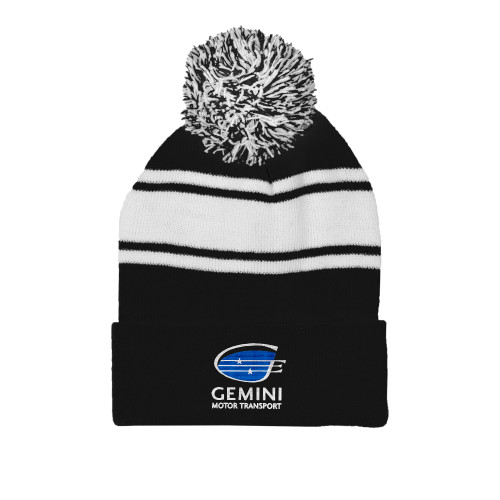  Black/White Two Tone Knit Pom Beanie w/Cuff - Loves Travel Stops & Country Stores Gemini Motor Transport Flat