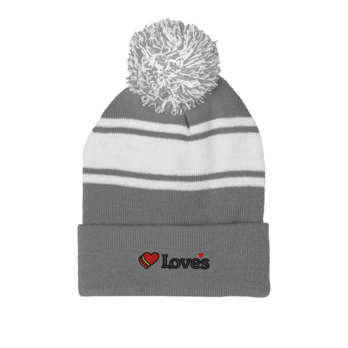  Grey/White Two Tone Knit Pom Beanie w/Cuff - Loves Travel Stops & Country Stores Loves Primary Mark Flat