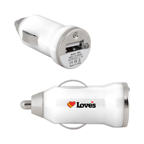  On the Go White Car Charger - Loves Travel Stops & Country Stores Loves Primary Mark Flat