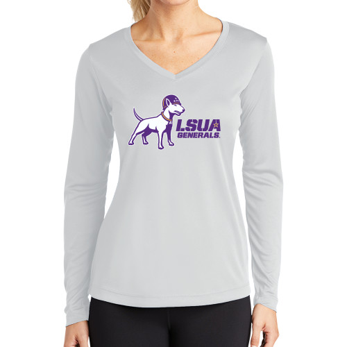  Womens White Performance Long Sleeve V Neck Shirt - Bull Terrier LSUA Generals Horizontal
