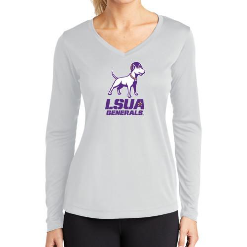  Womens White Performance Long Sleeve V Neck Shirt - Bull Terrier LSUA Generals Vertical