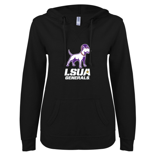  ENZA Womens Black V Notch Raw Edge Fleece Hoodie - Bull Terrier LSUA Generals Vertical