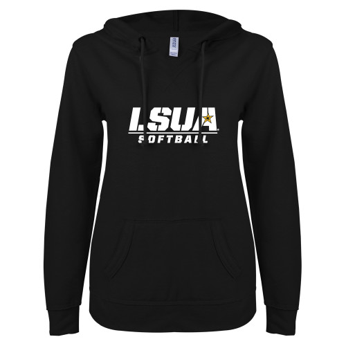  ENZA Womens Black V Notch Raw Edge Fleece Hoodie - Softball