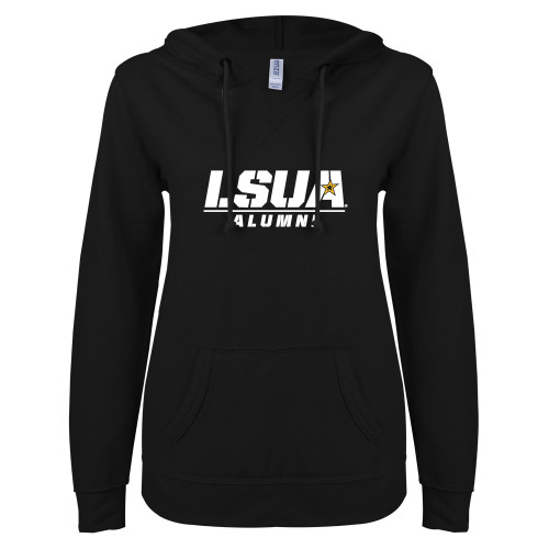 ENZA Womens Black V Notch Raw Edge Fleece Hoodie - Alumni