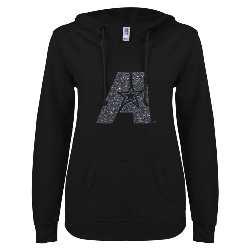  ENZA Womens Black V Notch Raw Edge Fleece Hoodie - F Graphite Soft Glitter