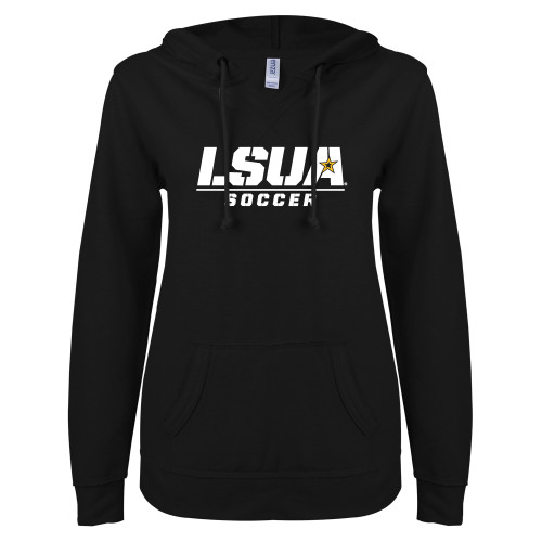  ENZA Womens Black V Notch Raw Edge Fleece Hoodie - Soccer