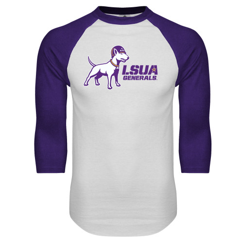  White/Purple Raglan Baseball T Shirt - Bull Terrier LSUA Generals Horizontal