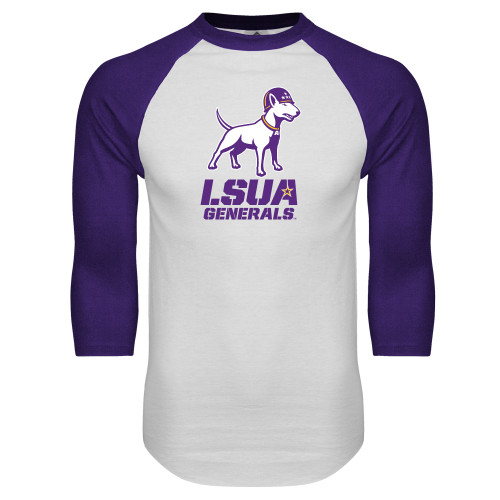  White/Purple Raglan Baseball T Shirt - Bull Terrier LSUA Generals Vertical