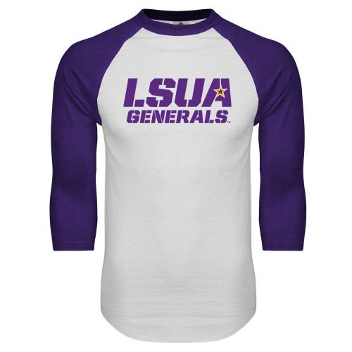  White/Purple Raglan Baseball T Shirt - LSUA Generals