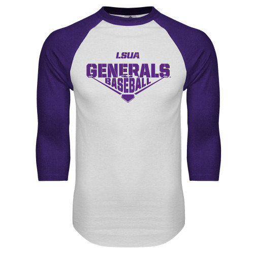  White/Purple Raglan Baseball T Shirt - Generals Baseball Diamond Skewed