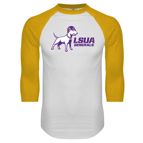  White/Gold Raglan Baseball T Shirt - Bull Terrier LSUA Generals Horizontal