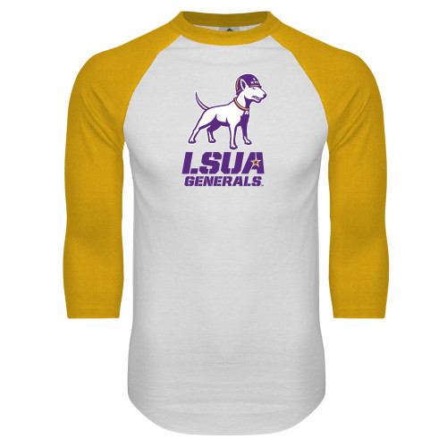  White/Gold Raglan Baseball T Shirt - Bull Terrier LSUA Generals Vertical