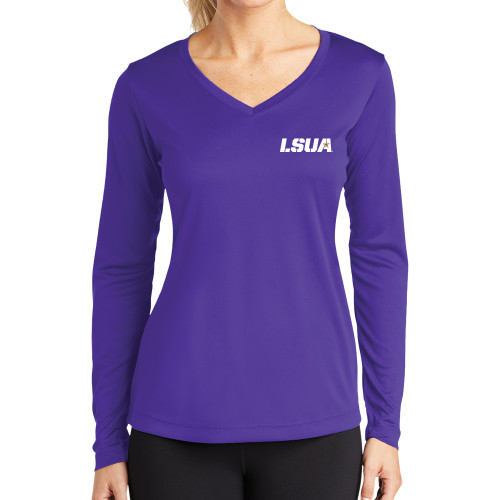  Womens Purple Performance Long Sleeve V Neck Shirt - LSUA