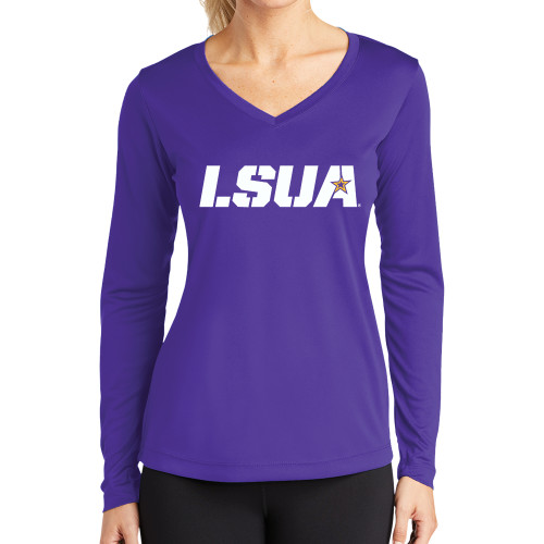 Womens Purple Performance Long Sleeve V Neck Shirt - LSUA